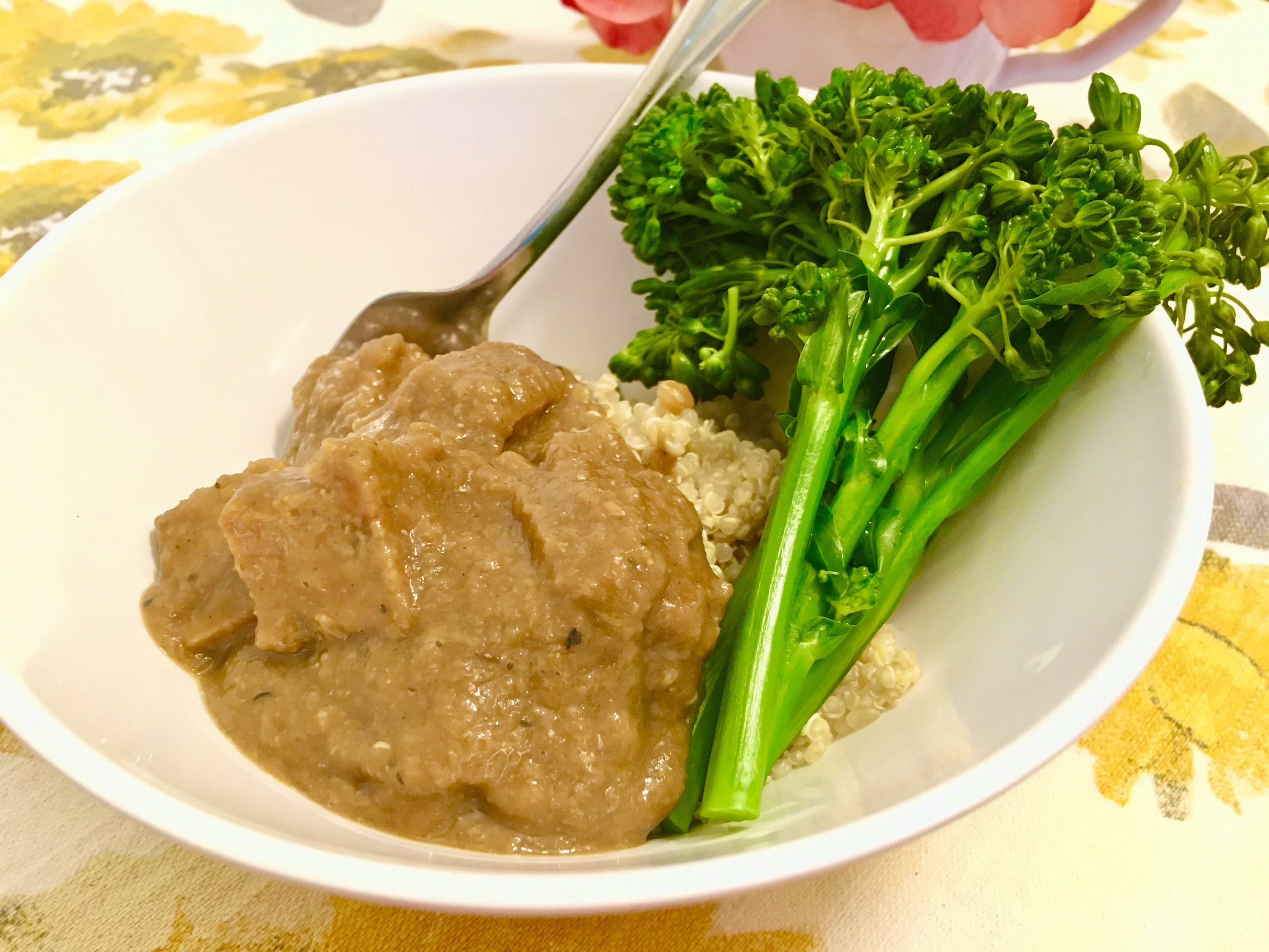Lentil Miso Gravy with Seitan, Broccoli, and Quinoa